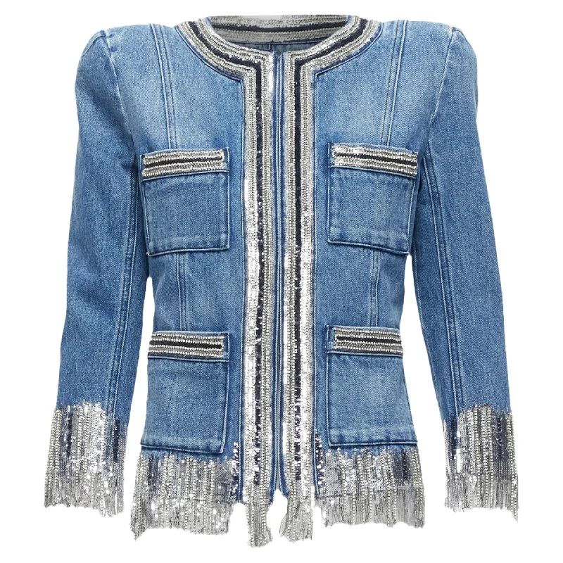 Balmain Washed Cotton Denim Silver Crystal Embellished Trim Jacket Toggled Jacket Drawstring Jacket Belted Jacket