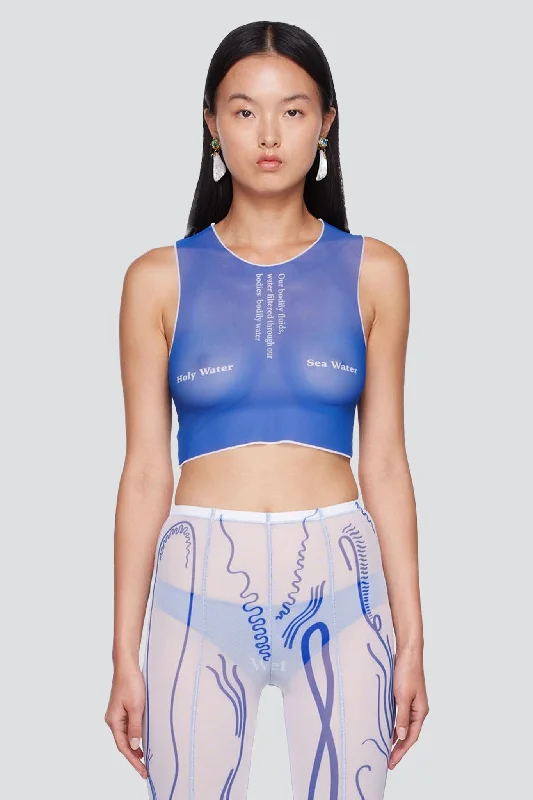 Blue Wet Script Crop Top Seamless Knitted Crochet