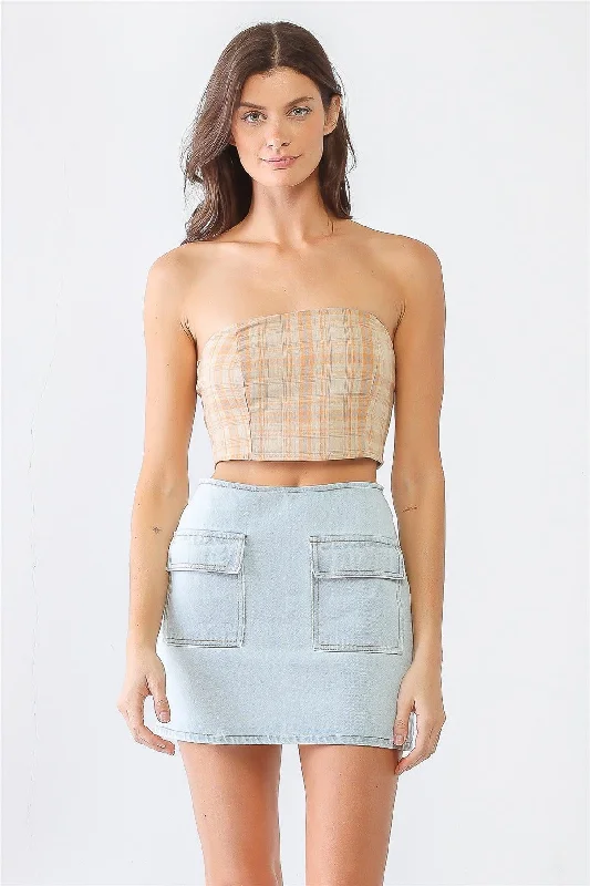 Mustard Plaid Strapless Smocked Tube Crop Top Crop Top Seamless Stretchy
