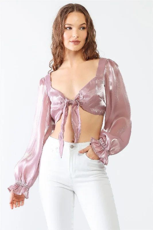 Mauve Shiny Organza Heart Shape Neck Puff Balloon Long Sleeve Back Criss-Cross Crop Top /1-2-2-1 Jersey Fabric Tulle Fabric Batik Fabric