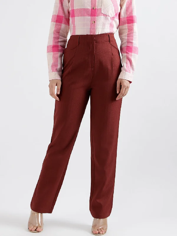 Elle Women Solid Fitted Trouser Trousers Leather Faux