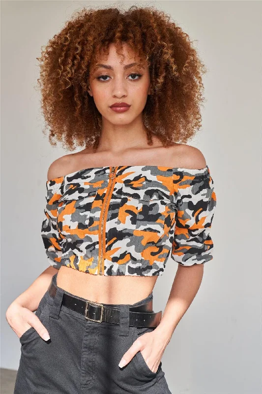 Orange Camo Print Off The Shoulder Cargo Crop Top Ribbed Striped Patterned