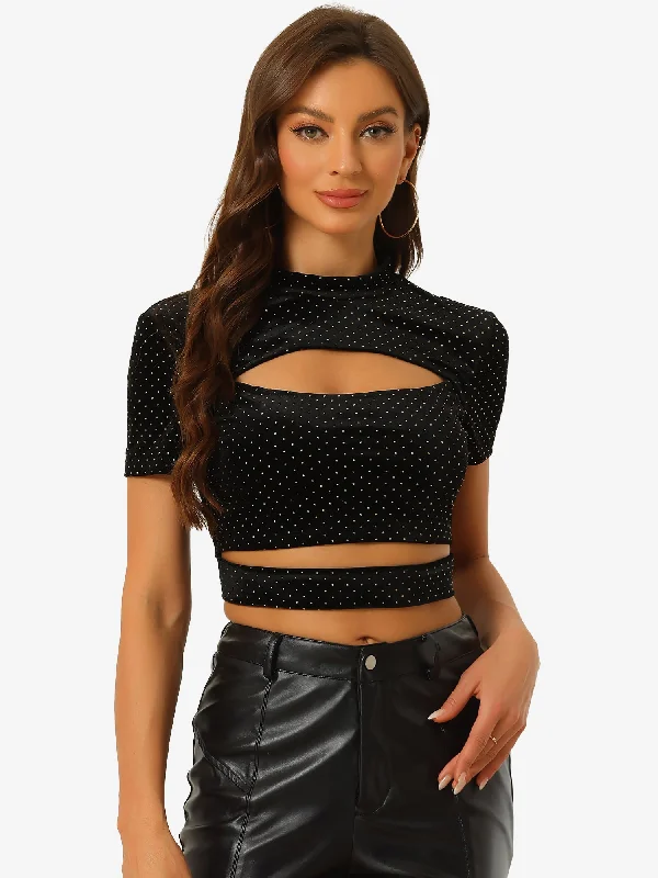 Cut Out Top Glitter Sparkle Velvet Short Sleeve Fitted Crop Tops Houndstooth Herringbone Solid