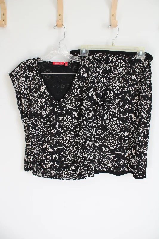 Anne Klein Black Tan Patterned Top & Skirt Set | M velvet skirt luxury