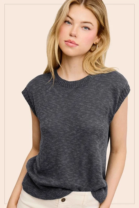 Treasured Times Dark Grey Sleeveless Ribbed Knit Sweater Top Solid Color Striped Floral Print