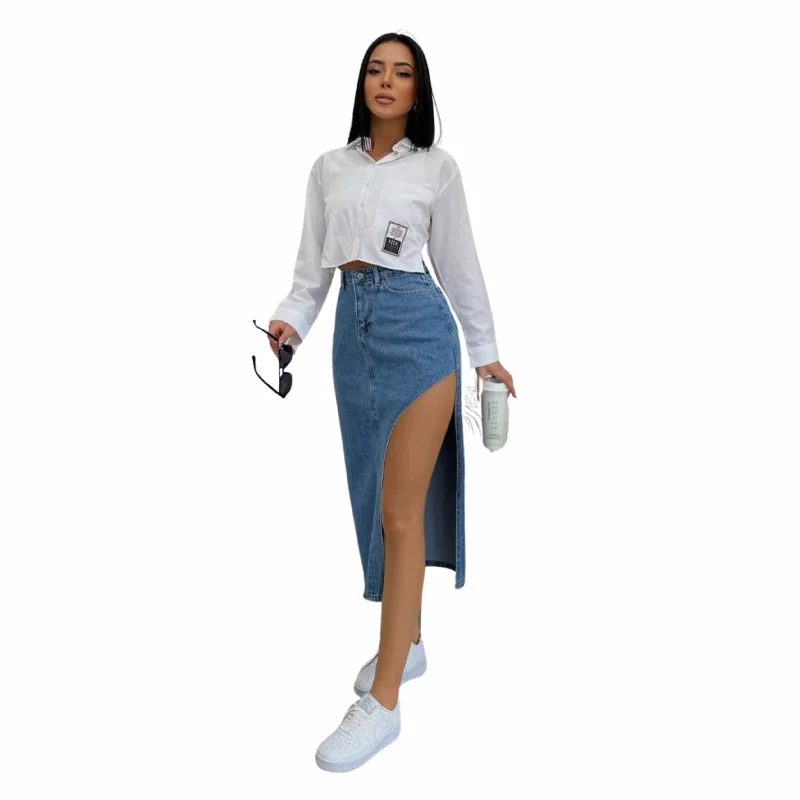 777 PLUS DENIM - High Waist Thigh Slit Denim Skirt seamless skirt comfort