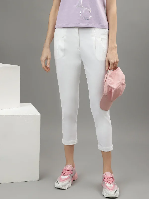 Iconic Women White Solid Regular Fit Trouser Trousers Yoga Stretchy