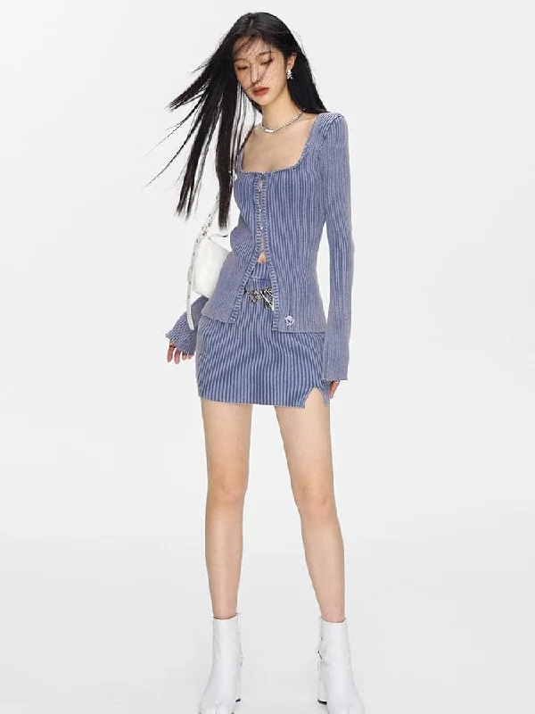 Rib-Knit Tight Sexy Casual Tops&Skirt high slit skirt