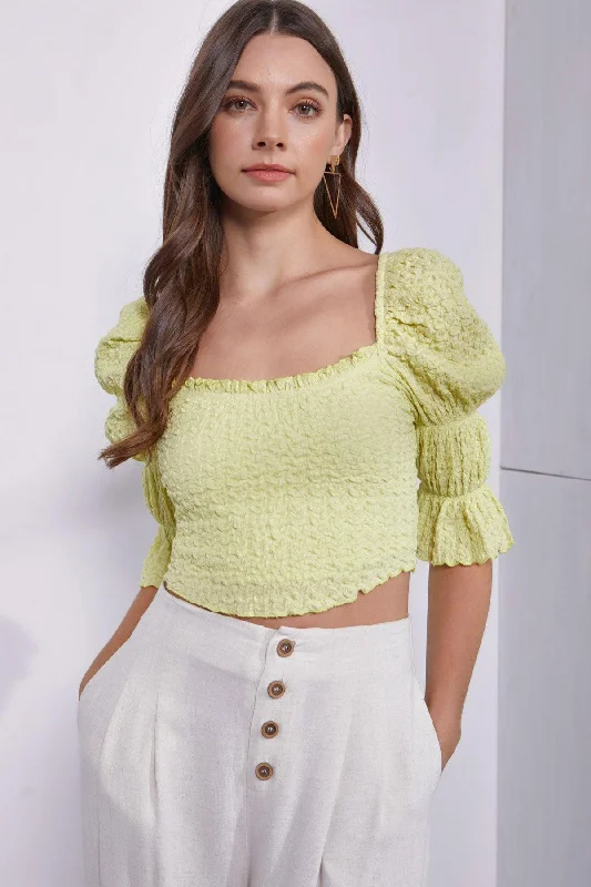 Crinkle Texture Scoop Neck Puff Sleeve Crop Top Welt Pockets Slit Pockets Flap Pockets