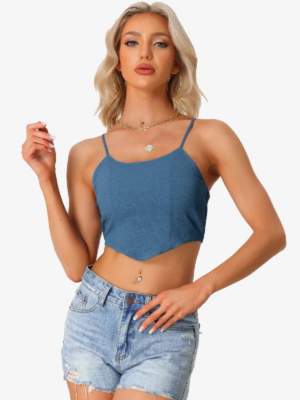 Spaghetti Strap Crop Top Asymmetrical Hem Textured Camisole Terry Blend Velvet Blend Canvas Blend