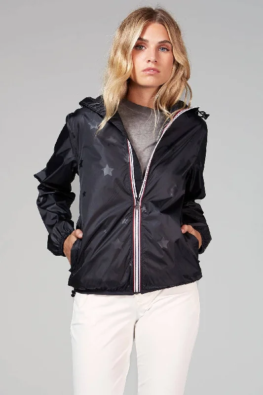 Women's Black Gloss Stars Full Zip Packable Rain Jacket and Windbreaker Front Pockets Side Pockets Patch Pockets