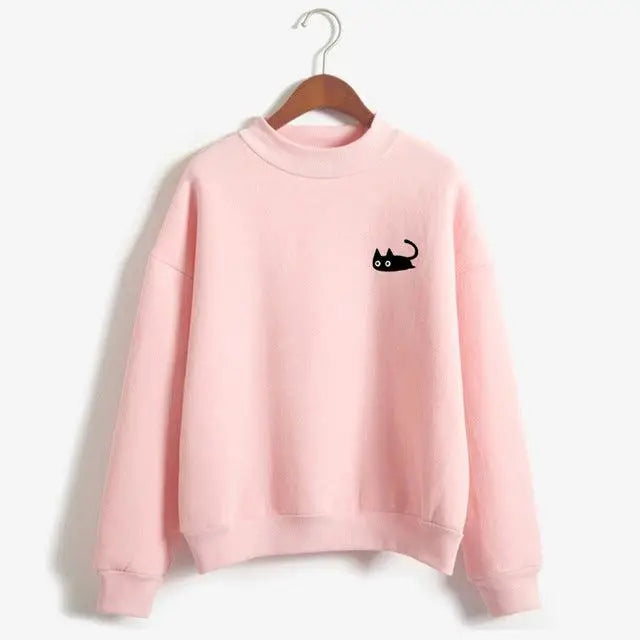 Kawaii black cat sweatshirt women’s long sleeve turtleneck tops Hoodie with Stripes Bold Sporty