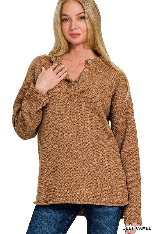 Henley Heaven Deep Camel Button Sweater (Size L/XL) Jersey Fabric Tulle Fabric Batik Fabric
