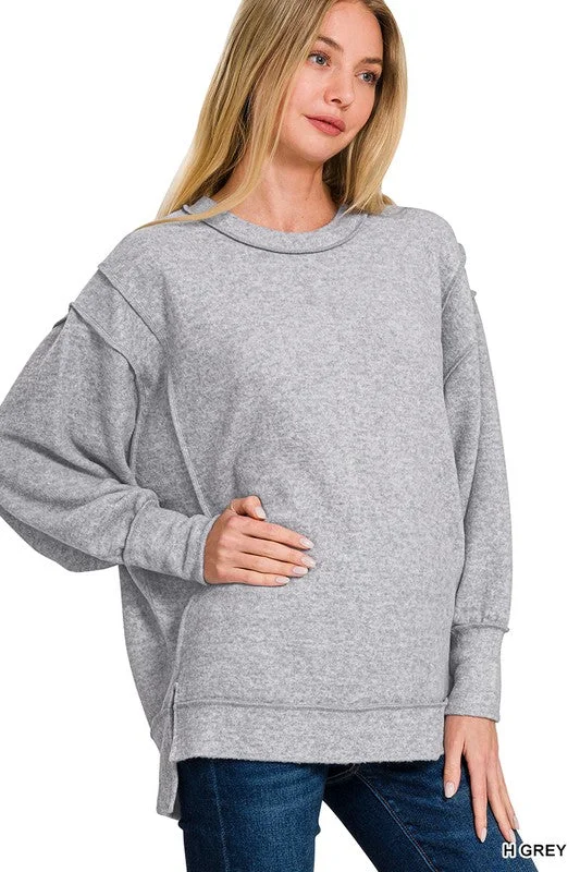 Double Edged Heather Grey Oversized Hi Low Hem Sweater Solid Print Embellished