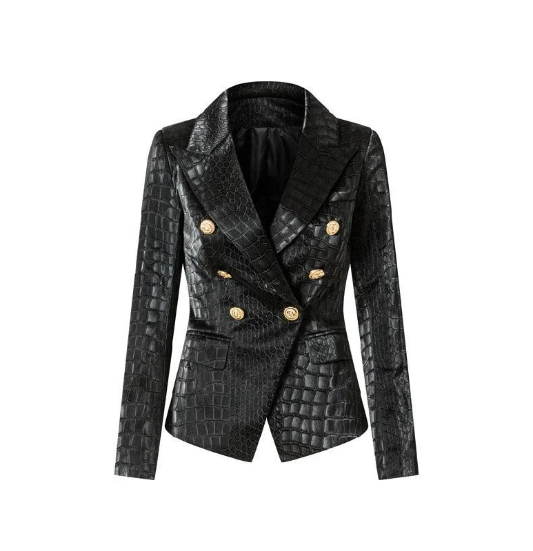 Suit Crocodile Leather Coat European And American Style Slim-fit Top Metal Buckle Waist-tight Jacket Welt Pockets Slit Pockets Flap Pockets