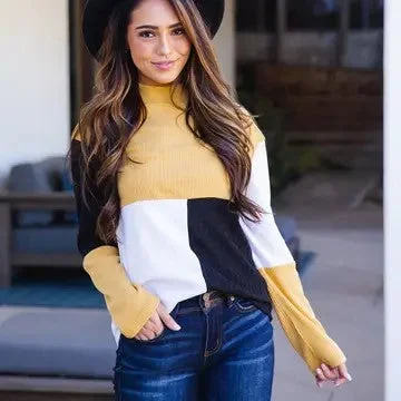Color My World Yellow/Black/White Color Block Sweater Casual Formal Business