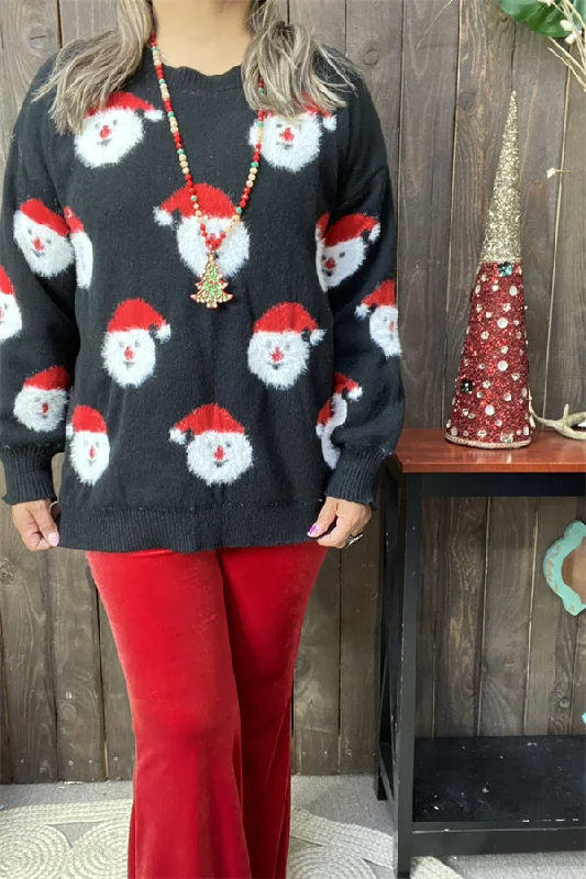MY15294 Santa Claus printed knitted black long sleeve women tops/sweater wholesale for winter Terry Terry Cloth Terry Knit