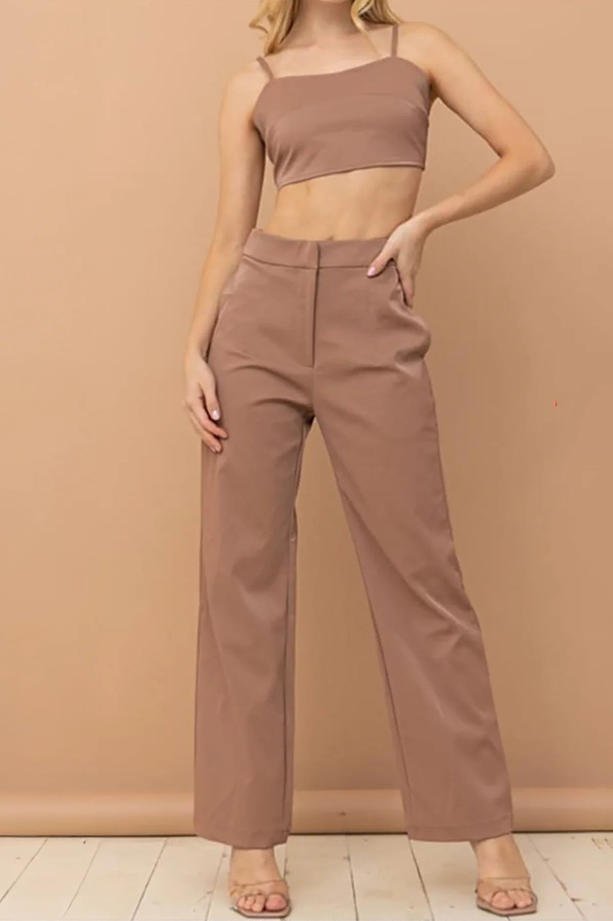 Faux Leather Crop Top & High Waist Pants Set Faux Fur Fabric Real Fur Fabric Shearling Fabric