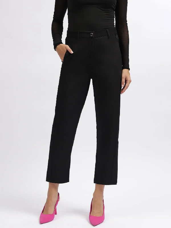 Iconic Women Black Solid Regular Fit Trouser Trousers Travel Practical