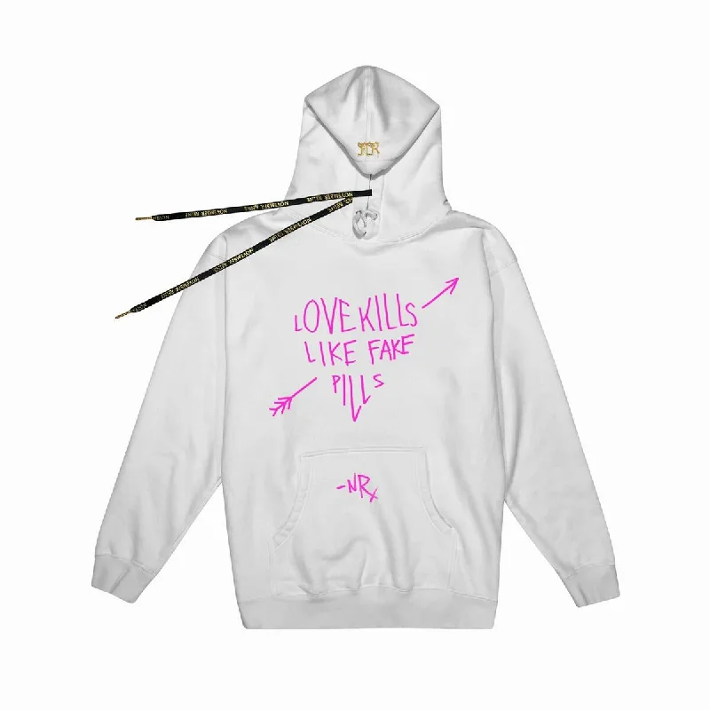 NOVEMBER REINE LOVE KILLS LIKE FAKE PILLS HOODIE (WHITE AND PINK) Hoodie Sweatshirt Pullover