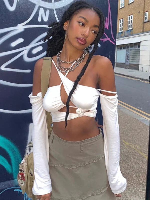 Summer Tops Asymmetrical Cut Out Crop Tops Sexy Street Fashion Long Sleeve Tshirt Elegant Classic Vintage