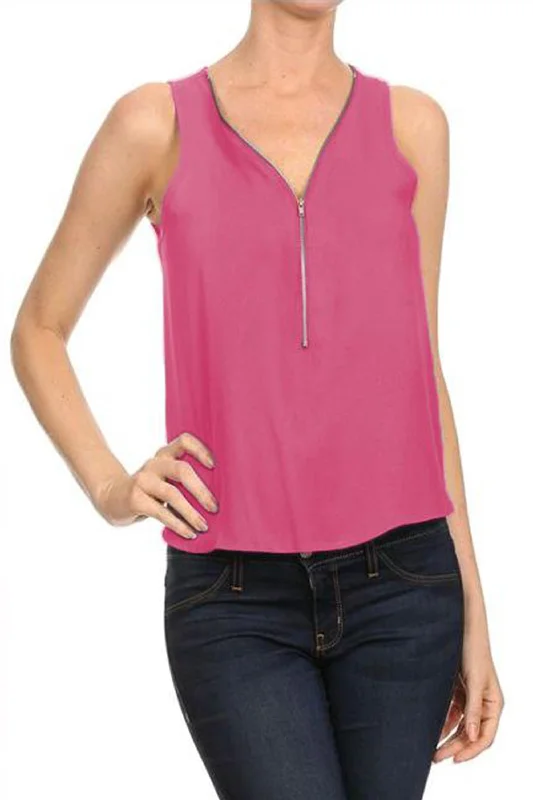 Zipper Front V-Neck Tank Top cherry red tank