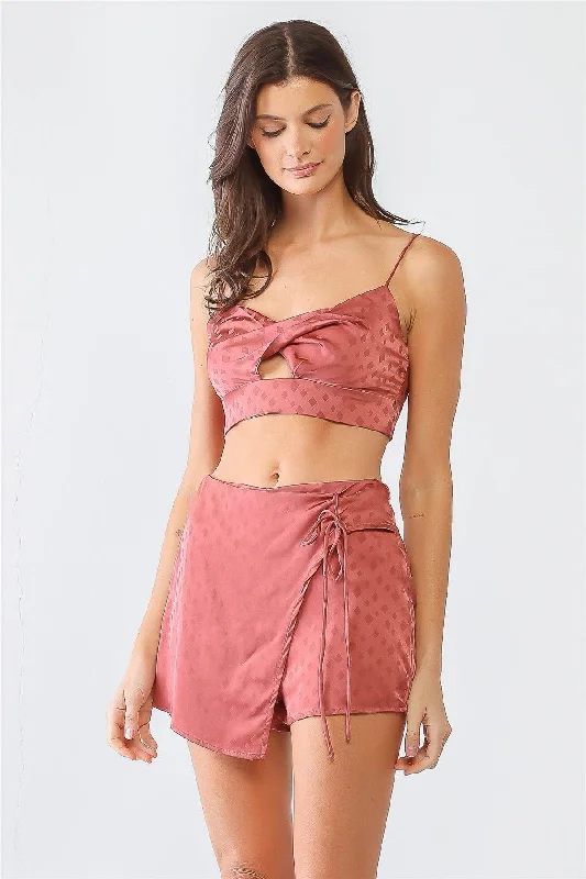 Diamond Print Satin Crop Top & Wrap Hem Shorts Set Notch Collar Peter Pan Collar Cowl Neck