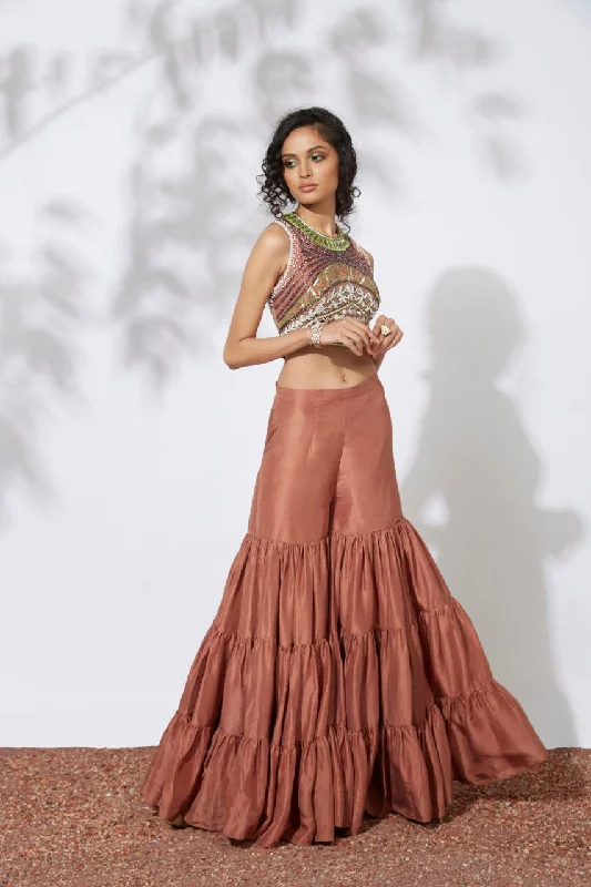 Burnt Orange Lehenga With Embroidered Crop Top Hooded Caped Shawl Collar