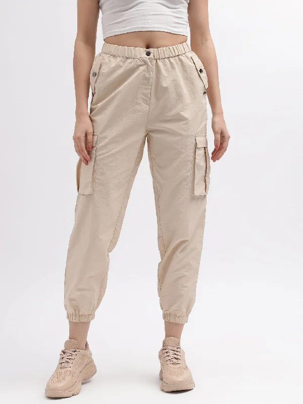 Iconic Women Beige Solid Regular Fit Mid-Rise Trouser Trousers Party Sparkling
