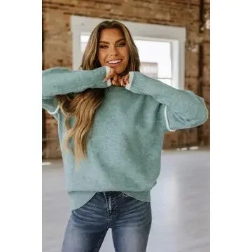 Hazy Days Jade Crewneck Knit Sweater Solid Print Embellished