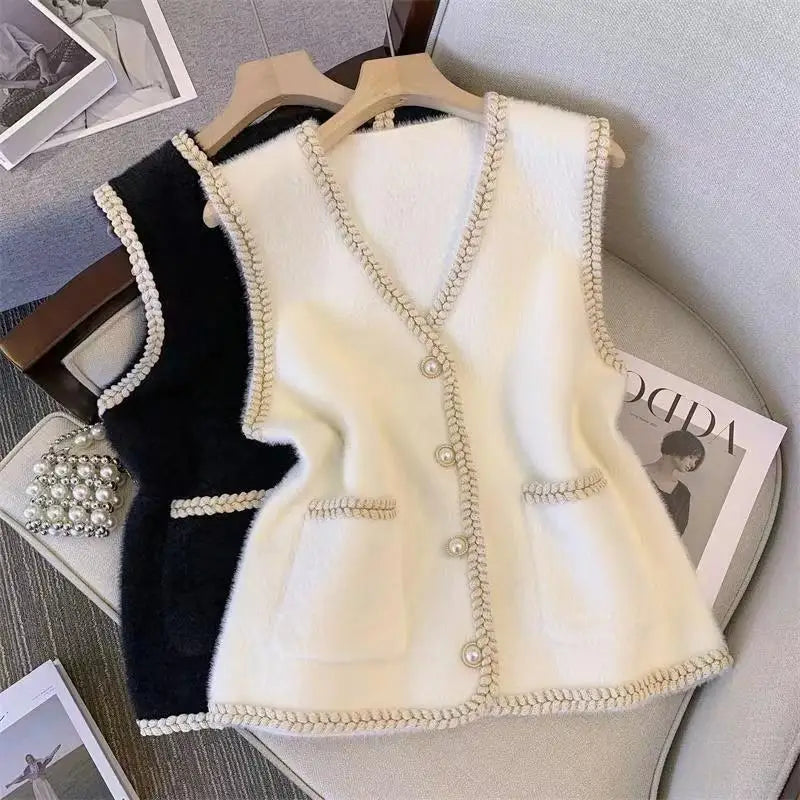 Women's V-neck Knitted Vest Mink Fleece Sweater Faux Fur Fabric Real Fur Fabric Shearling Fabric
