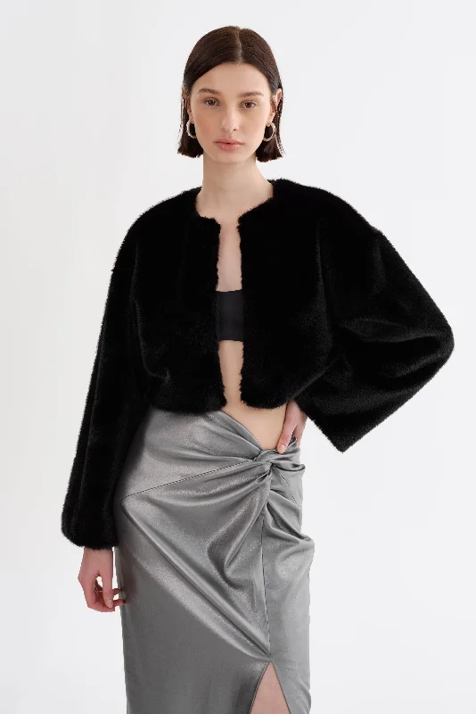 ROWDIE | Faux Fur Jacket Notch Collar Jacket Peter Pan Collar Jacket Cowl Neck Jacket