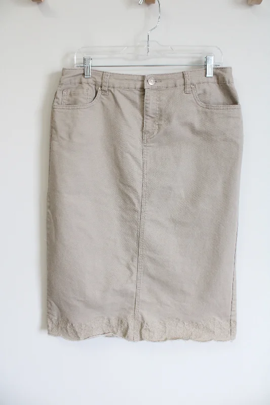 Christopher & Banks Mid Length Khaki Embroidered Hem Skirt | 10 zip skirt side