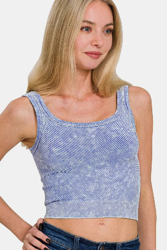 Zenana Washed Ribbed Scoop Neck Wide Strap Tank In Indigo vibrant tank top