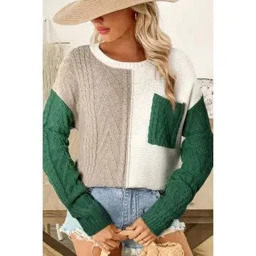 Pumpkin And Spice Color Block Green Patch Pocket Sweater Boxy Sweater Fitted Sweater A-Line