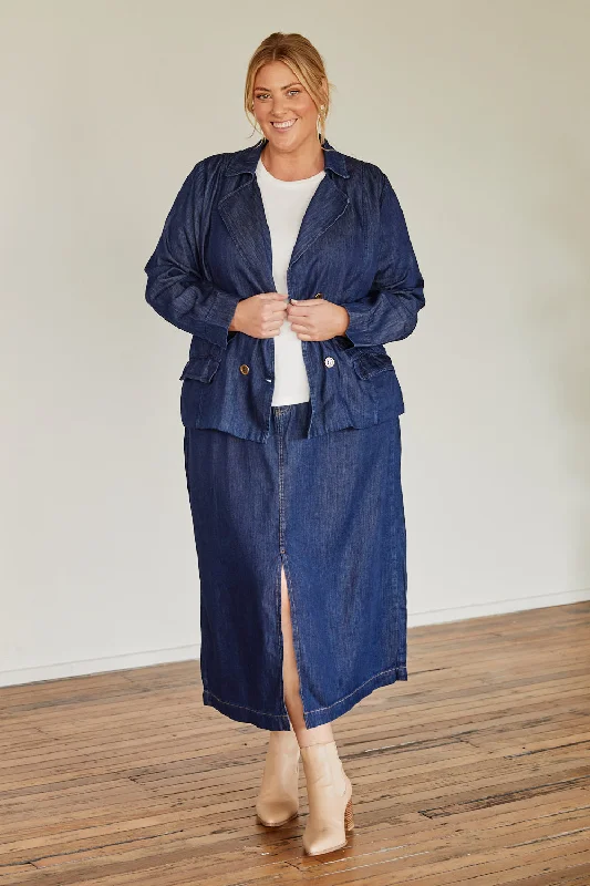 Adrift Split Tencel Skirt in Dark Wash lace skirt intricate