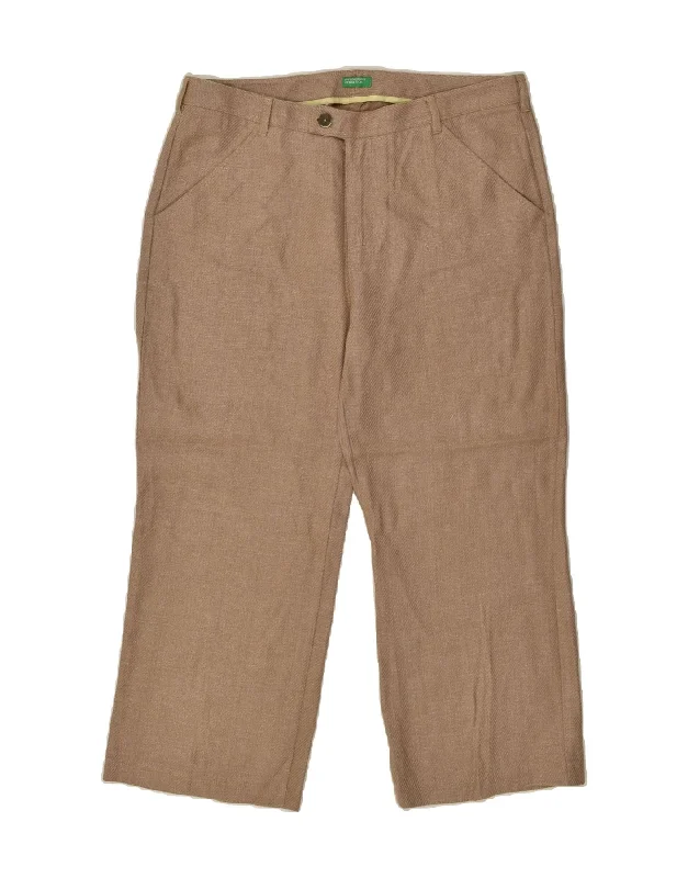 BENETTON Womens Straight Cropped Trousers IT 48 XL W36 L26 Brown Linen Trousers practical easy-care