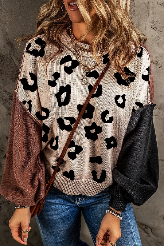 Bishop Sleeve Color Block Sweater - Leopard Print Ribbed Striped Patterned