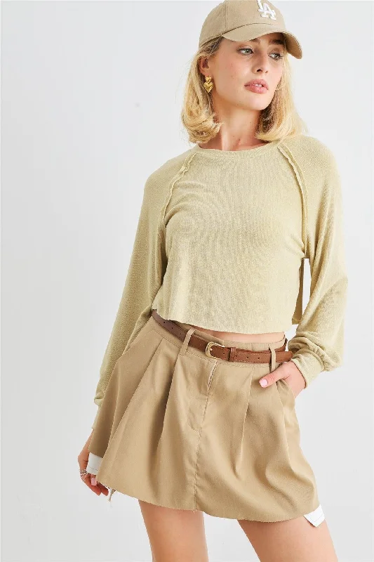 Pale Yellow Long Sleeve Crew Neck Relax Crop Top /1-2-2-1 Silk Blend Satin Velvet