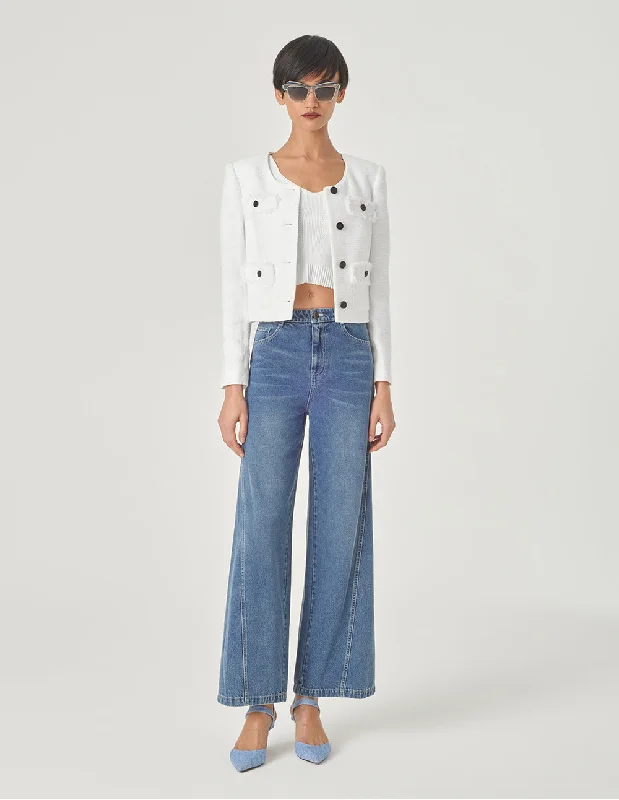 MARYLING White U-Shaped Collar Box Silhouette Short Jacket One-Shoulder Jacket Off-the-Shoulder Jacket Asymmetrical Jacket