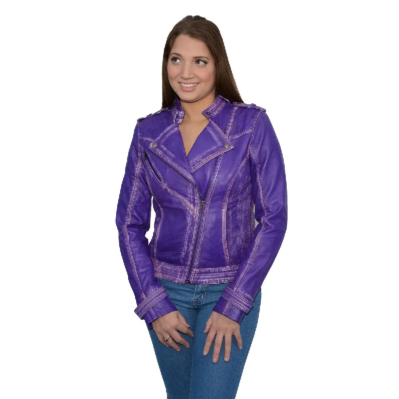 Milwaukee Leather Women's Maiden Purple Premium Sheepskin Motorcycle Fashion Leather Jacket with Studs SFL2840 Notch Collar Peter Pan Collar Cowl Neck