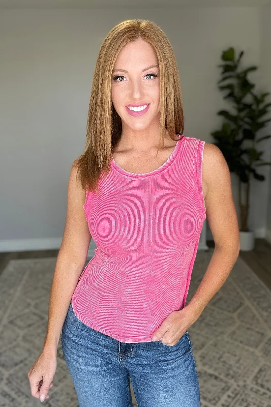 Hazel Blues® |  Ribbed Mineral Wash Fitted Tank in Fuchsia layering tank top