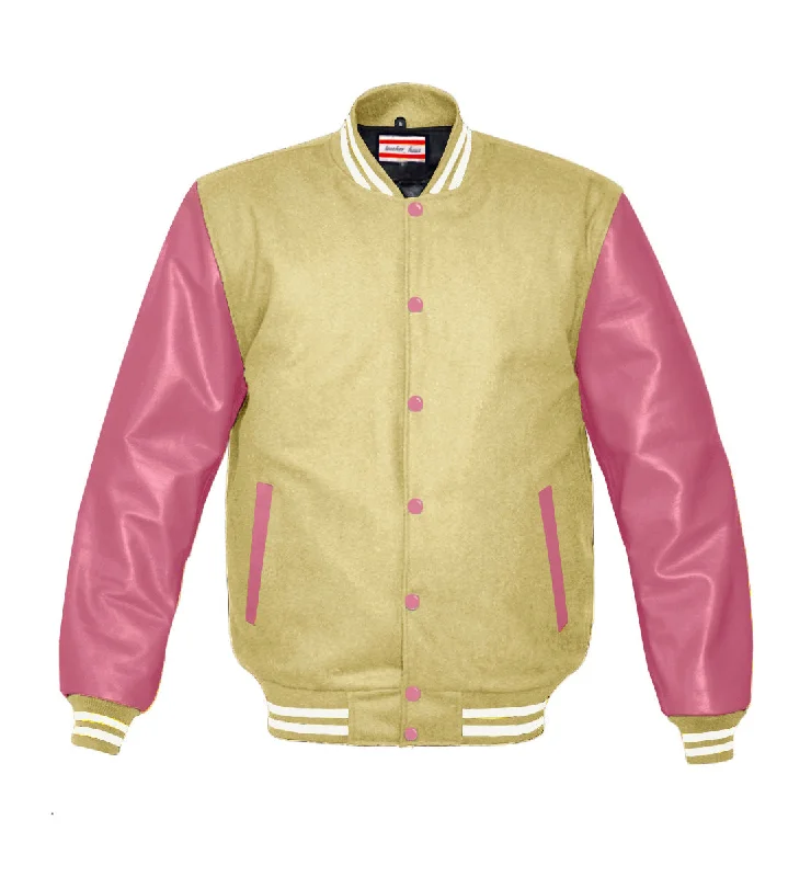 Superb Genuine Pink Leather Sleeve Letterman College Varsity Women Wool Jackets #PKSL-WSTR-PKB Welt Pockets Slit Pockets Flap Pockets