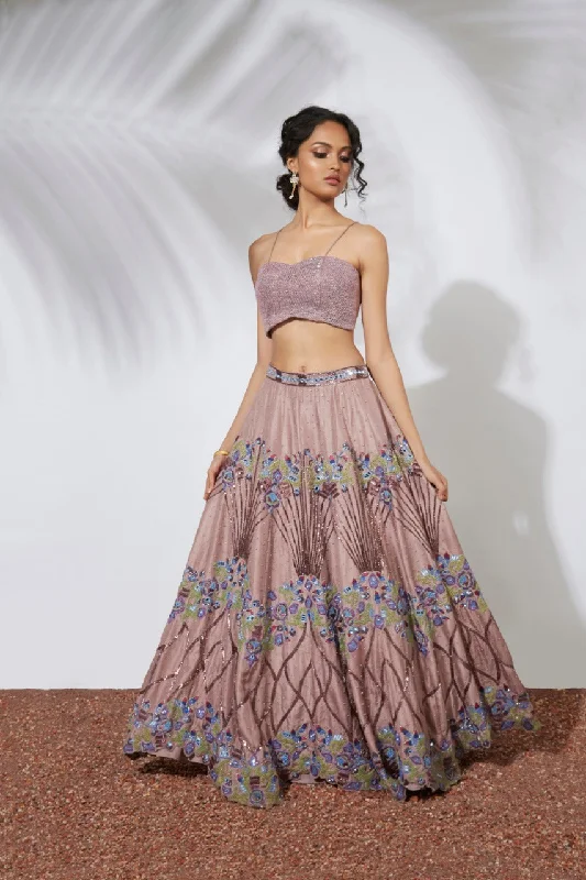 ROSE PINK EMBROIDERED LEHENGA CROP TOP SET WITH ORGANZA RUFFLE DUPATTA Striped Floral Plaid