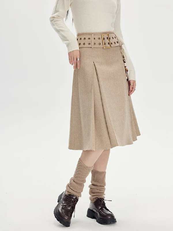 Beige Pleated Midi Skirt With Wide Belt - Wool Blend A-Line Winter Skirt silk skirt sleek