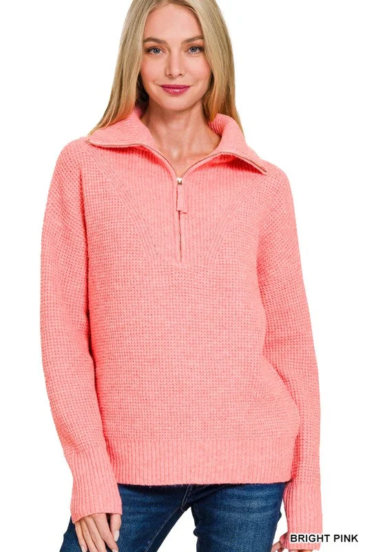 Zip It Up High Collar Bright Pink Sweater Velvet Chenille Corduroy