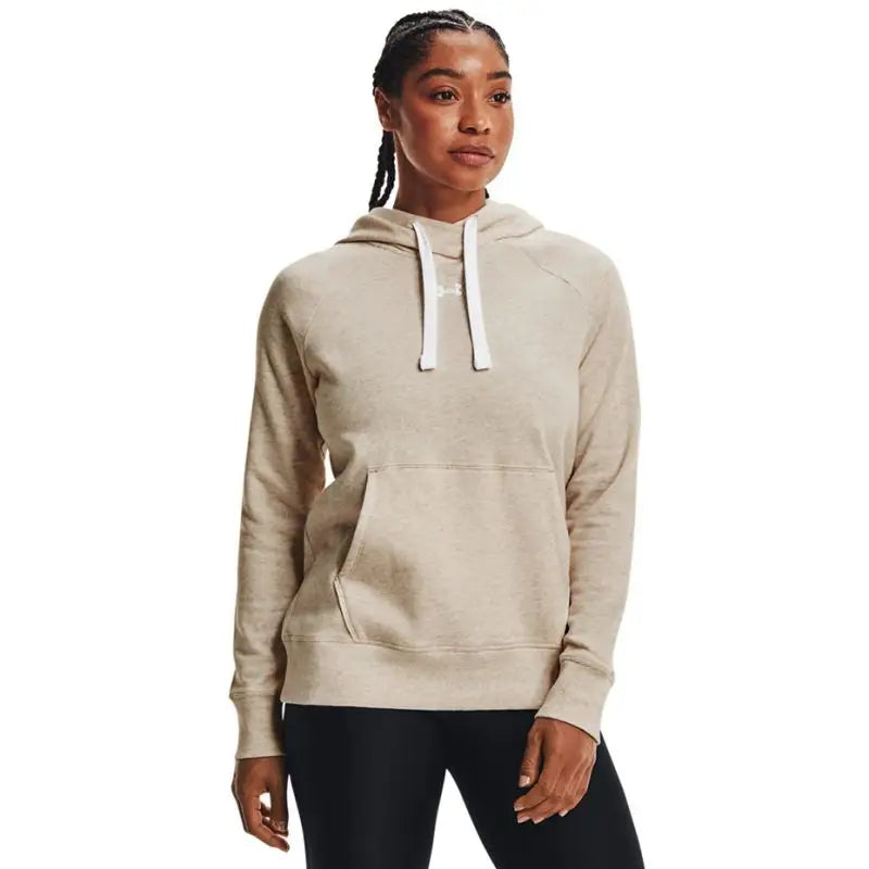 Under Armour Women's Rival Fleece HB Hoodie - Beige Cotton Blend, Loose Fit, Integrated Hood Hoodie with Elastic Waist Stretchable Comfortable