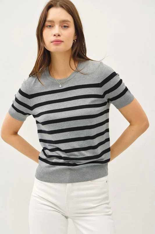 Lining Things Up Charcoal Striped Short Sleeve Sweater Top Transparent Opaque Sheer
