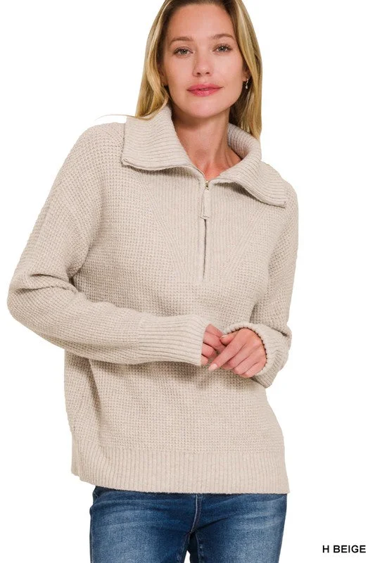 Zip It Up High Collar Heather Beige Sweater Bright Pastel Dark