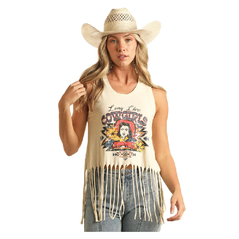 BW20T04016 Rock & Roll Women's Long Live Cowgirls Fringe Tank Top - Eggshell cotton tank top